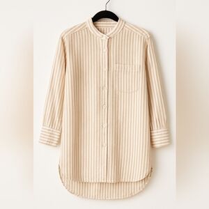 Anthropologie‎ Beige White Striped Button Front Tunic Top Blouse Long Sleeve